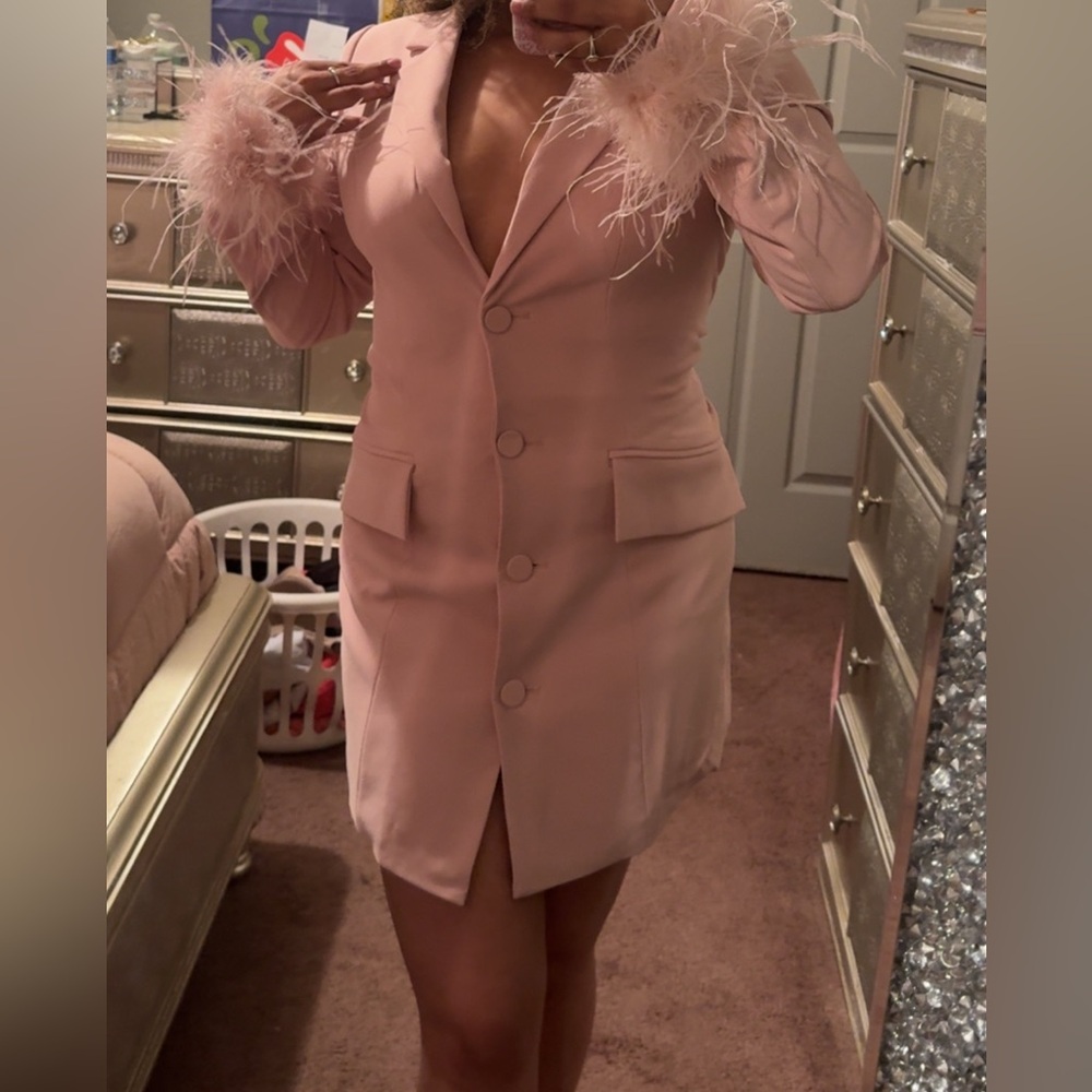 Pink Feather Cuff Blazer Dress
